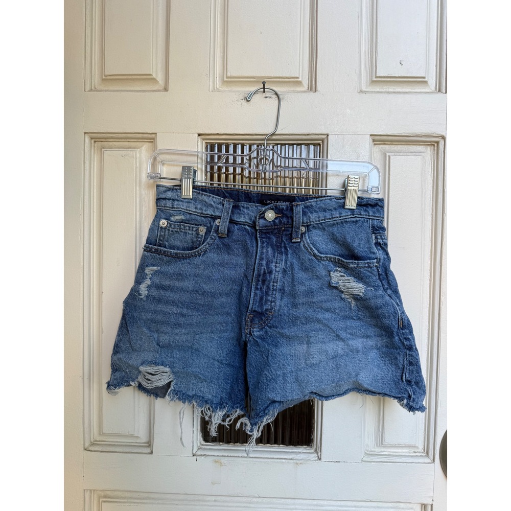 Lucky Brand 90s Midi High Rise Denim Shorts‎ Distressed Blue Jean Size 0/25